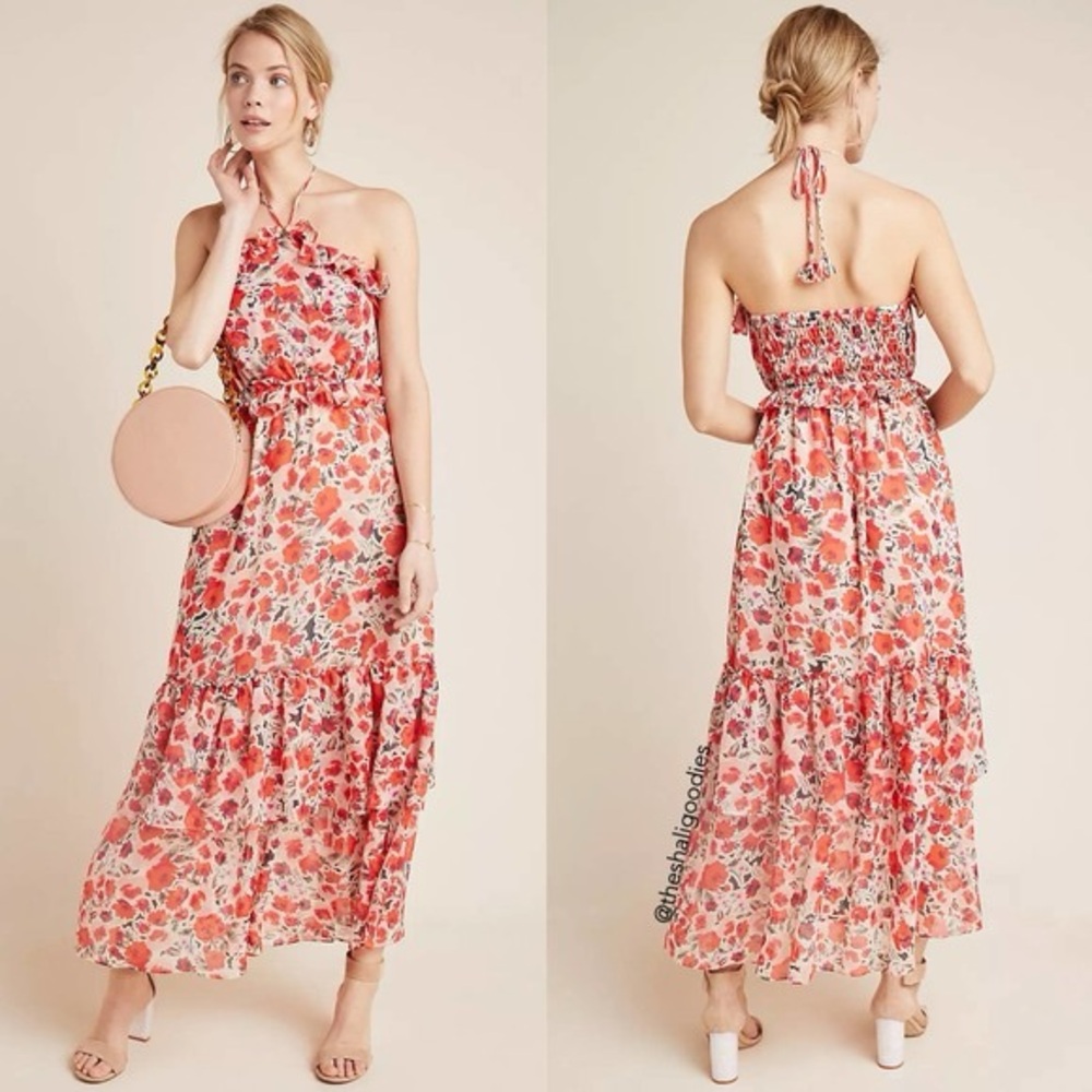MISA Gia Dress Floral Ruffle Halter Tie Midi Maxi size xs